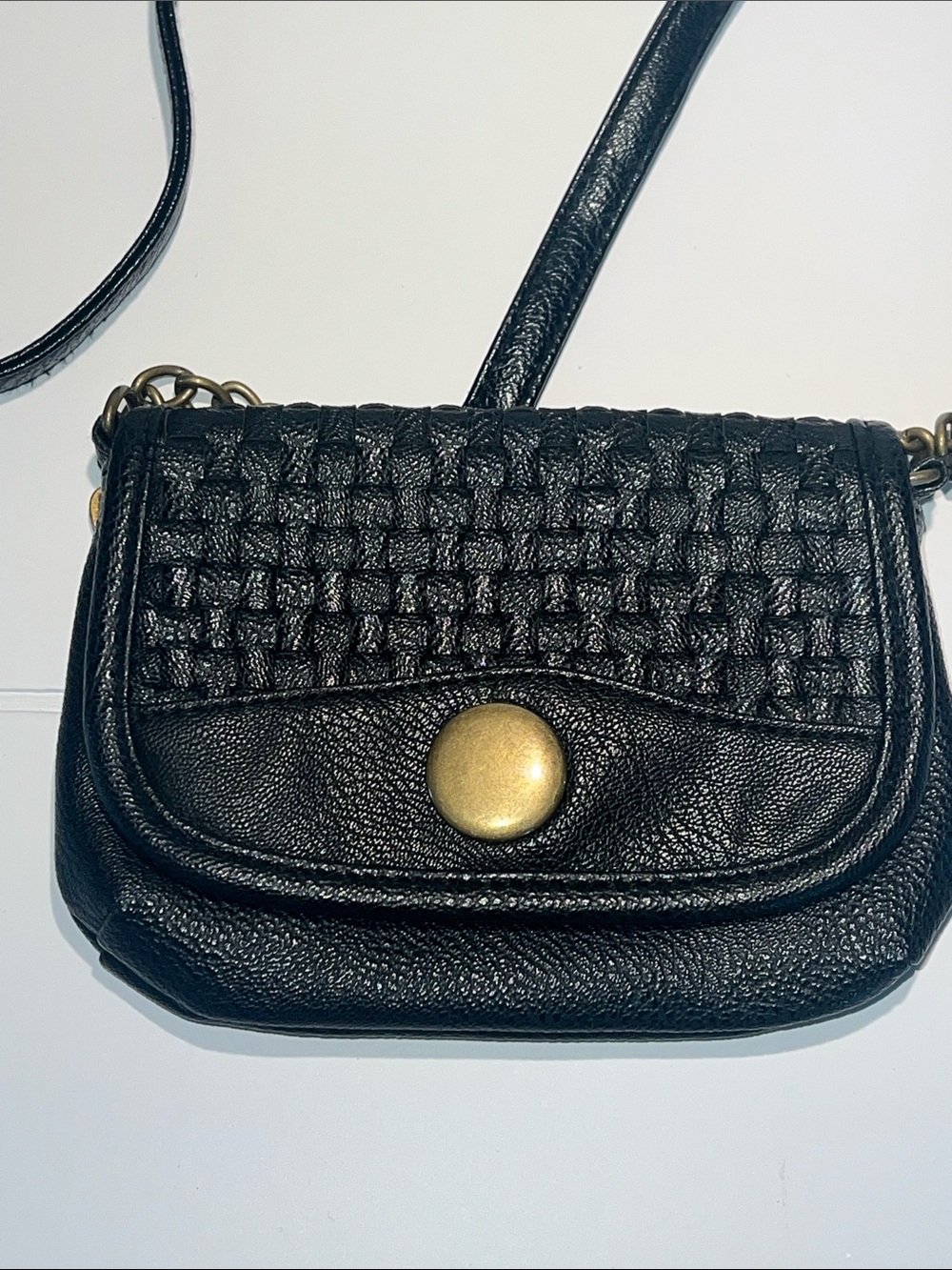 American Rag Black Woven Leather Crossbody with Brass Accent